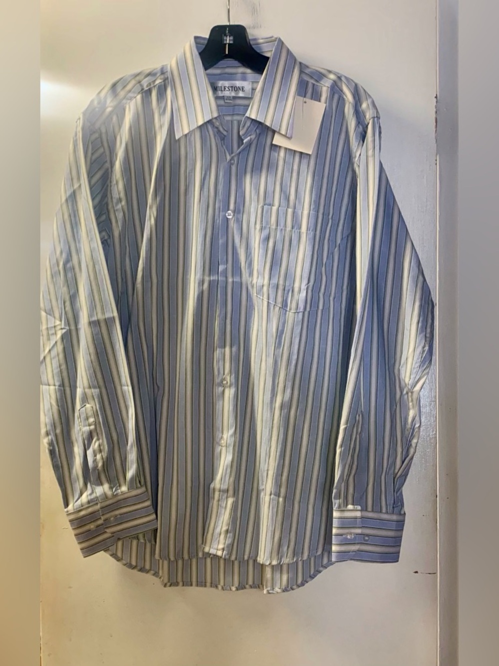 Milestone Long Sleeve Dress Shirt-Light Blue with Green/White Stripes